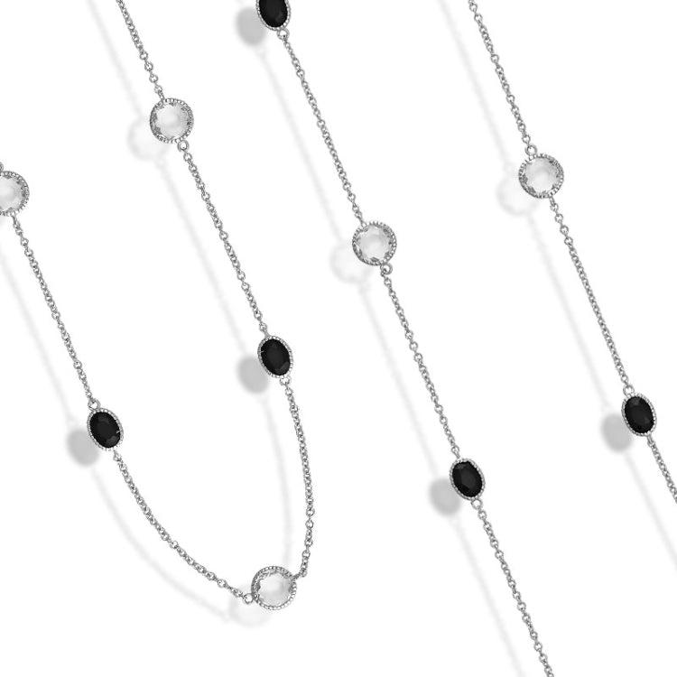 Sterling Silver" Clear CZ Circles and Alternating Black CZ Ovals Necklace