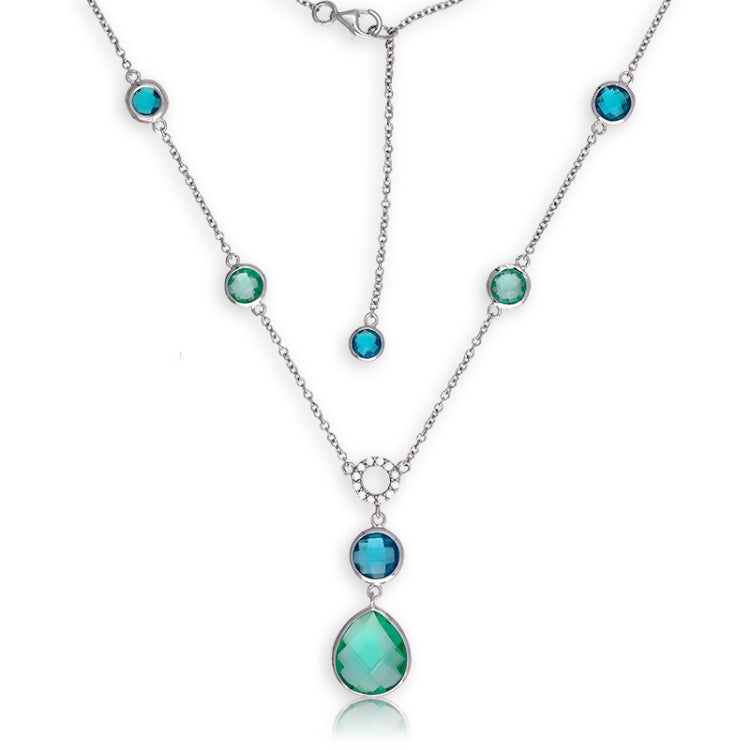 Sterling Silver Emerald and Blue Circles CZ and Clear CZ Necklace