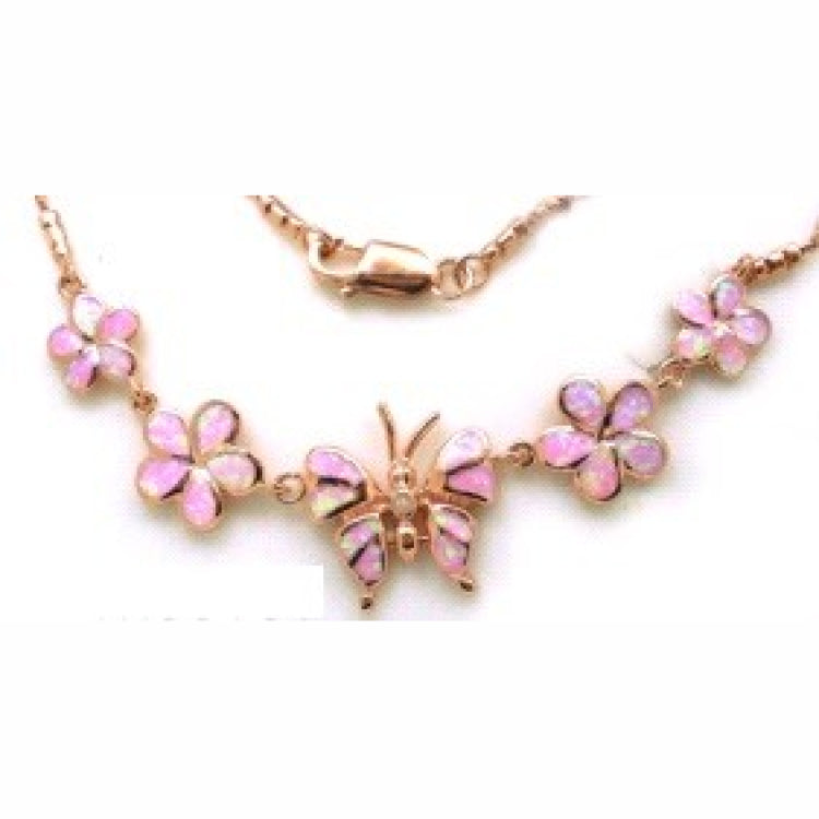 Sterling Silver Blue Inlay Opal Multiple Flowers and Center Butterfly Necklace
