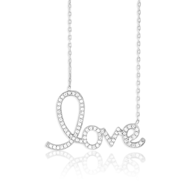 Sterling Silver Large CZ LOVE Script Necklace