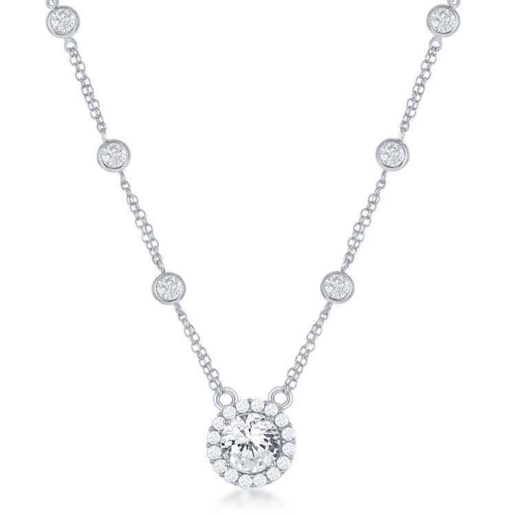 Sterling Silver CZ By The Yard w/Large Round CZ Necklace
