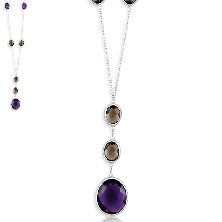 Sterling Silver Purple and Smoky Quartz "Y" Design Stone Necklace