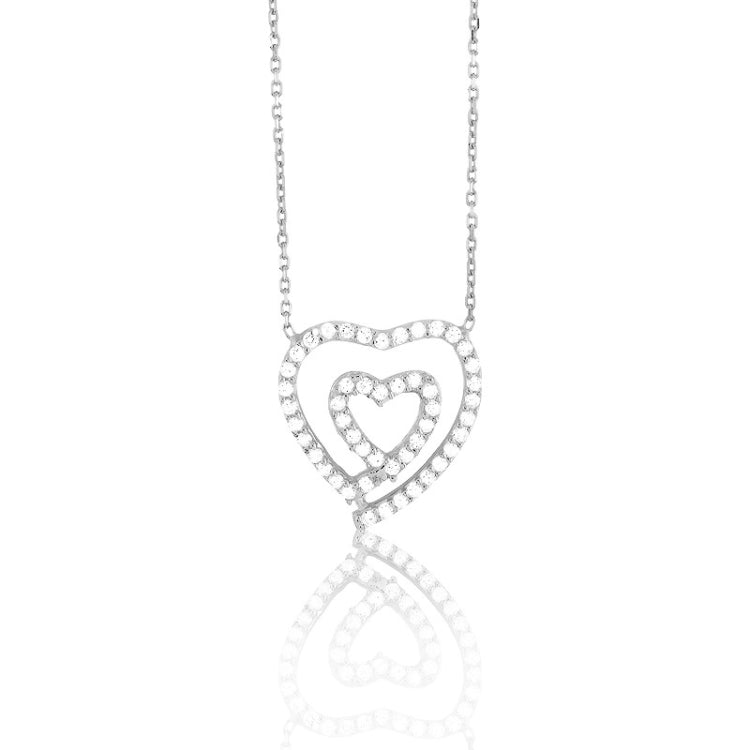 Sterling Silver Open CZ Heart Within an Open CZ Heart Necklace
