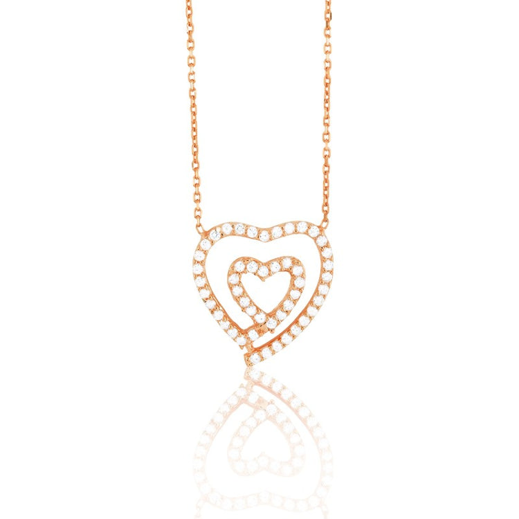 Sterling Silver  Rose GP Open CZ Heart Within an Open CZ Heart Necklace