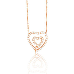 Sterling Silver  Rose GP Open CZ Heart Within an Open CZ Heart Necklace