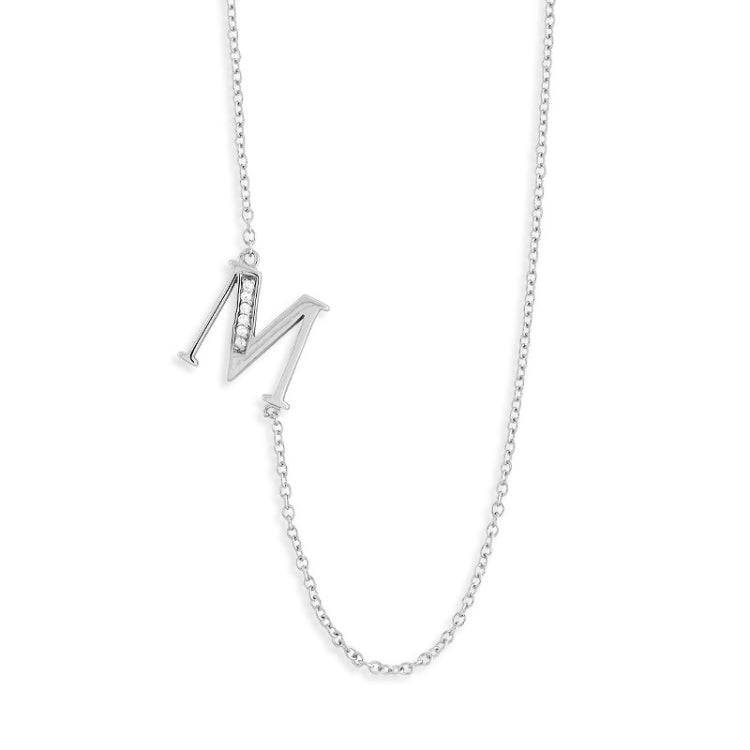 Sterling Silver Off-Center CZ "M" Necklace