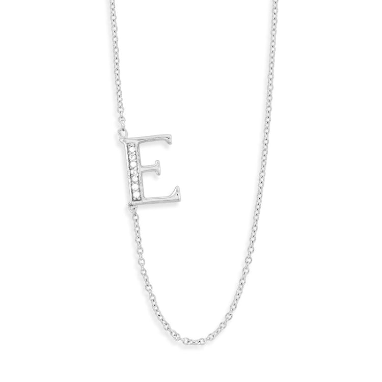 Sterling Silver Off-Center CZ "E" Necklace