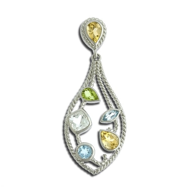 (SPECIAL ORD) Sterling Silver Multi-Colored, Multi-Shaped Gem Pear-Shaped Pendant