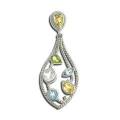 (SPECIAL ORD) Sterling Silver Multi-Colored, Multi-Shaped Gem Pear-Shaped Pendant