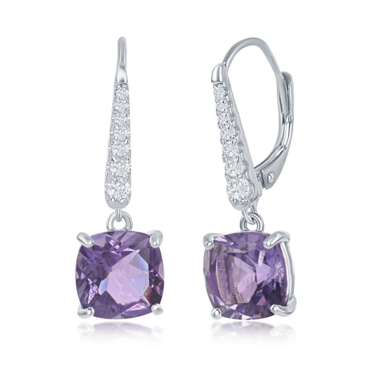 Sterling Silver Four-Prong 9x9mm Cushion-Cut Amethyst with White Topaz Earrings