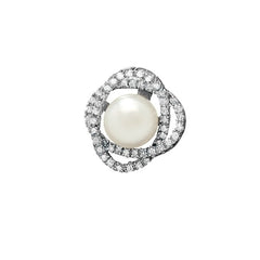(SPECIAL ORD) Sterling Silver CZ Interlocking Ovals and Center Pearl Pendant