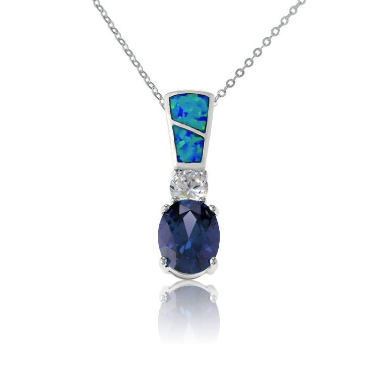 Sterling Silver Blue Inlay Opal w/ Small Circle and Large Oval Tanzanite Pendant