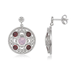 Sterling Silver Round Rose Quartz, Garnet, and White Topaz Earrings