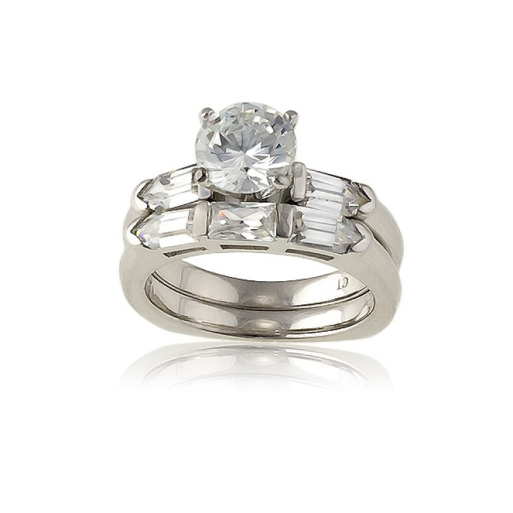 Sterling Silver Square, Double Band with CZ Oval Baguettes and Center CZ Wedding Ring