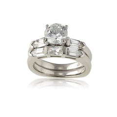 Sterling Silver Square, Double Band with CZ Oval Baguettes and Center CZ Wedding Ring