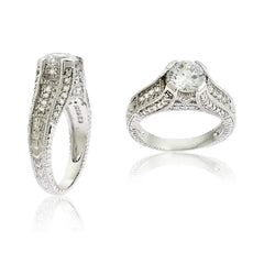 Sterling Silver Center Clear Circle CZ w/ Small Surrounding CZ Engagement Ring