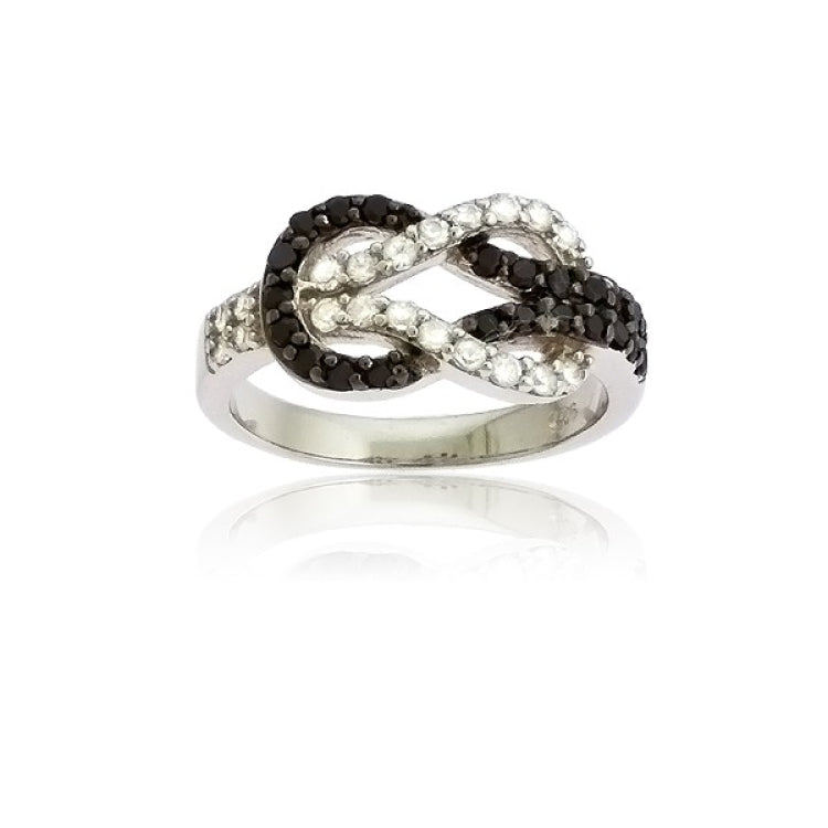 Sterling Silver Black and White CZ "Love Knot" Ring