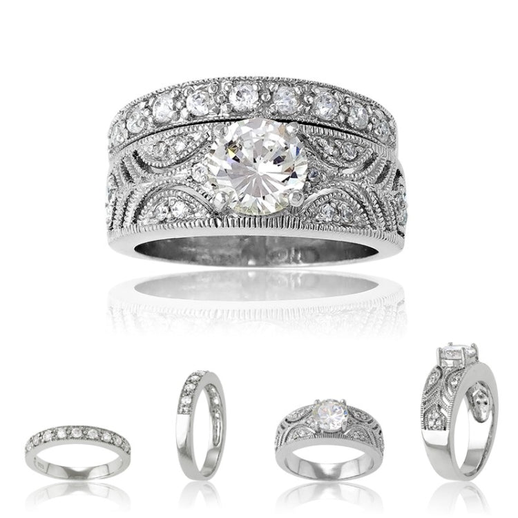 Sterling Silver Designed Clear CZ Ring W/ Center Round Clear CZ & Clear CZ Wedding B