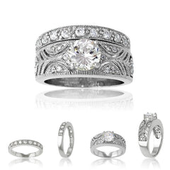 Sterling Silver Designed Clear CZ Ring W/ Center Round Clear CZ & Clear CZ Wedding B