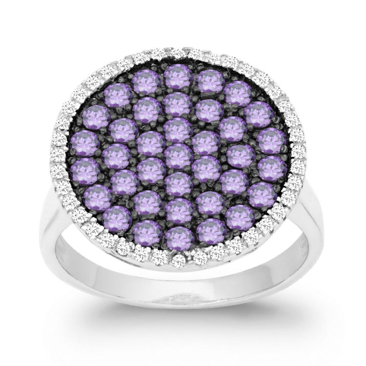 Sterling Silver Clear and Purple CZ Black Rhodium Round Ring