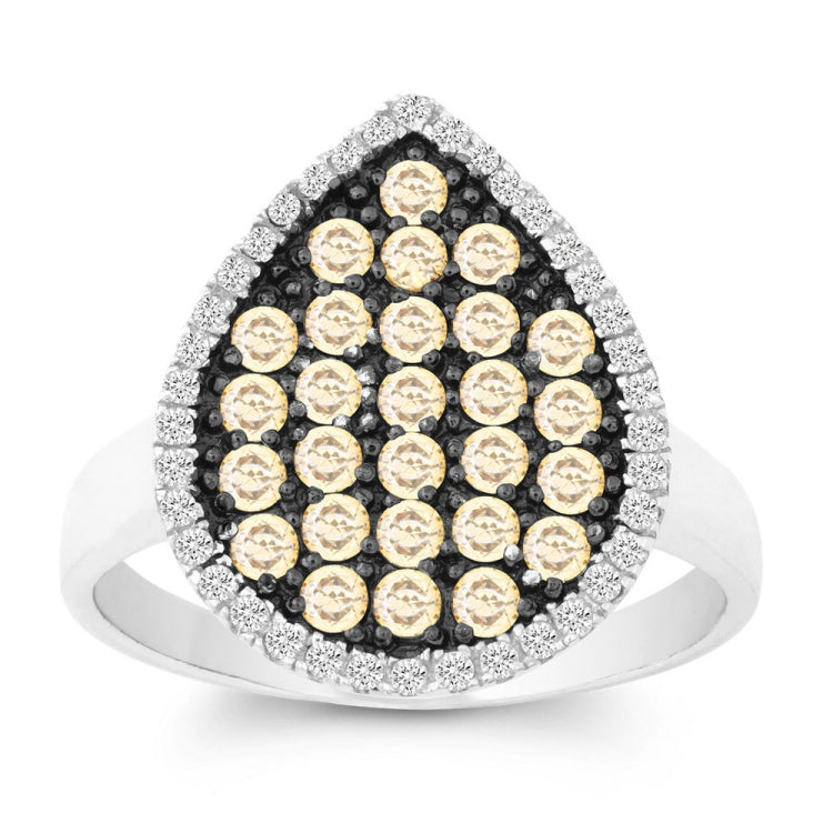 Sterling Silver Clear and Champagne CZ Black Rhodium Tearshaped Ring