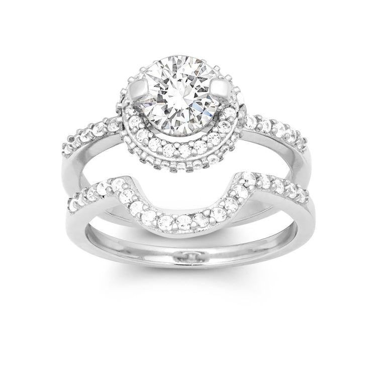 Sterling Silver Halo Style CZ Engagement and Wedding Ring Set