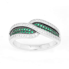 Sterling Silver Crossed Emerald and White CZ Micro Pave Ring