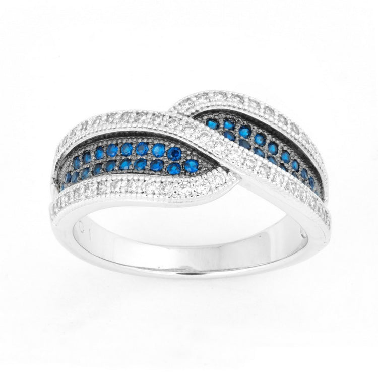 Sterling Silver Crossed Sapphire and White CZ Micro Pave Ring