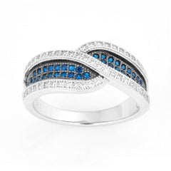 Sterling Silver Crossed Sapphire and White CZ Micro Pave Ring