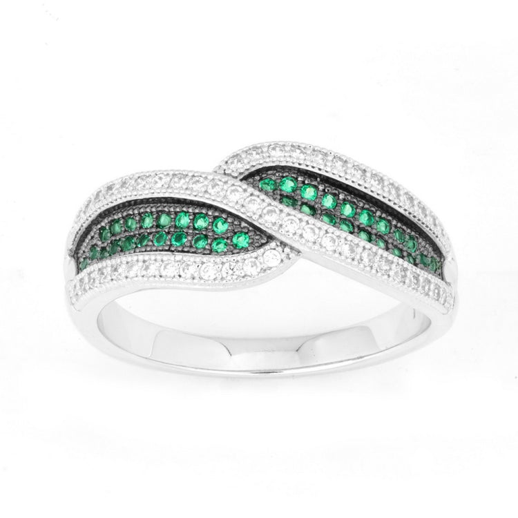 Sterling Silver Crossed Emerald and White CZ Micro Pave Ring