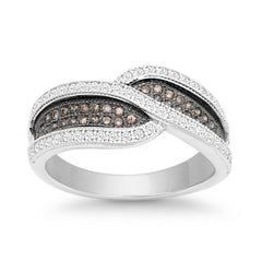 Sterling Silver Crossed Champagne and White CZ Micro Pave Ring