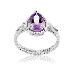 Sterling Silver Amethyst Pear Gemstone Twisted Wire Ring