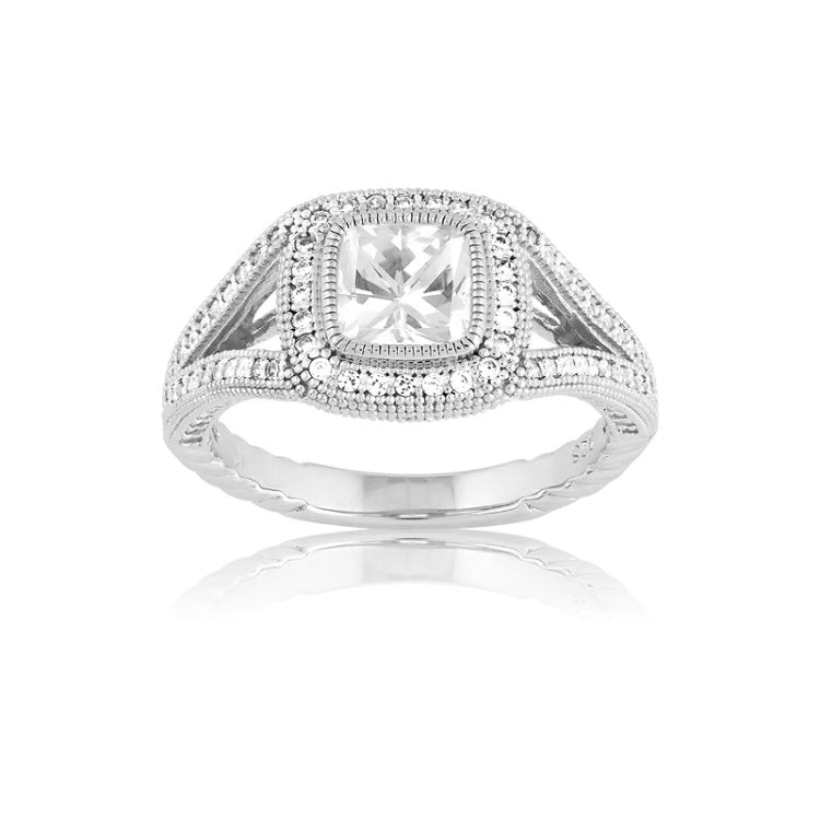 Sterling Silver Center Square CZ and Micro Pave Ring (129 stones)