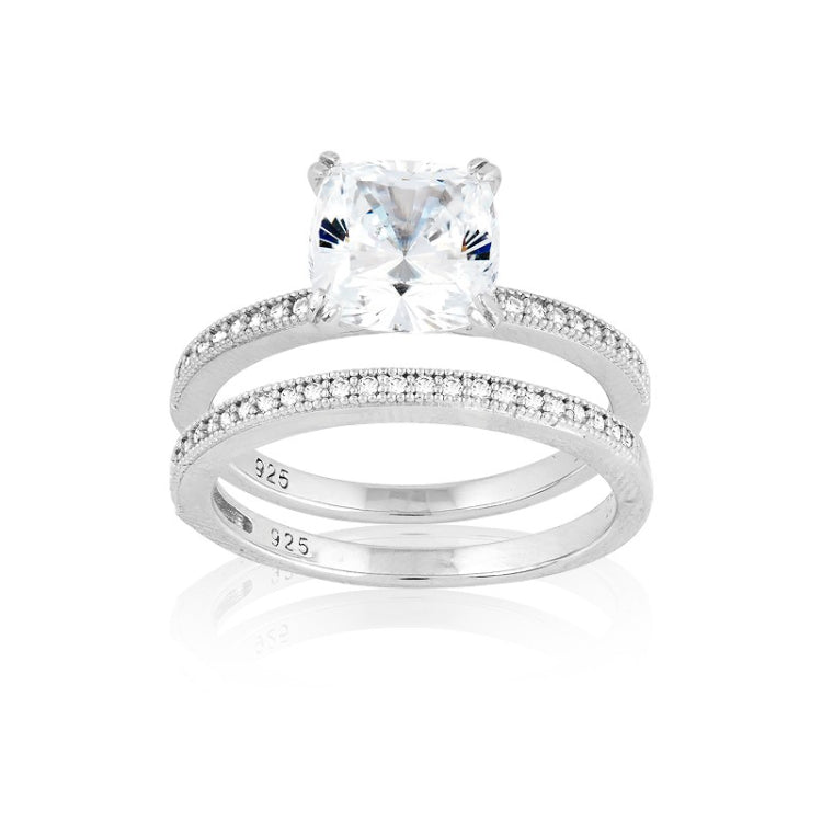 Sterling Silver Double-Band Large Center Square CZ and Micro Pave Ring (48 stones)