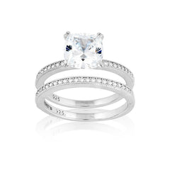 Sterling Silver Double-Band Large Center Square CZ and Micro Pave Ring (48 stones)