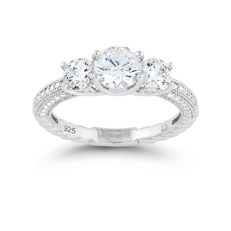 Sterling Silver Triple Center Round CZ with Micro Pave Band Ring (53 stones)