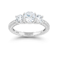 Sterling Silver Triple Center Round CZ with Micro Pave Band Ring (53 stones)