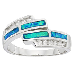 Sterling Silver Blue Inlay Opal and CZ Overlapping Ring