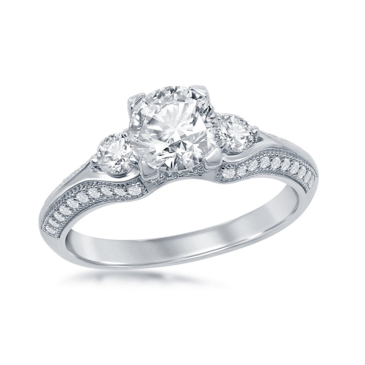 Sterling Silver Triple Setting Micro Pave Engagement Ring (59 stones)