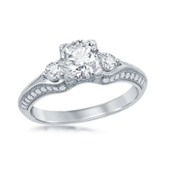 Sterling Silver Triple Setting Micro Pave Engagement Ring (59 stones)
