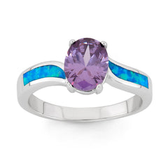 Sterling Silver Blue Opal w/Purple Oval CZ Ring