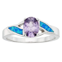 Sterling Silver Blue Opal w/Purple Oval CZ Ring