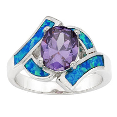 Sterling Silver Opal w/Oval Purple CZ Center Ring