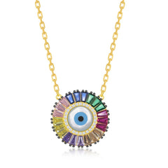 Sterling Silver Rainbow Baguette CZ Evil Eye Disc Necklace - Gold Plated