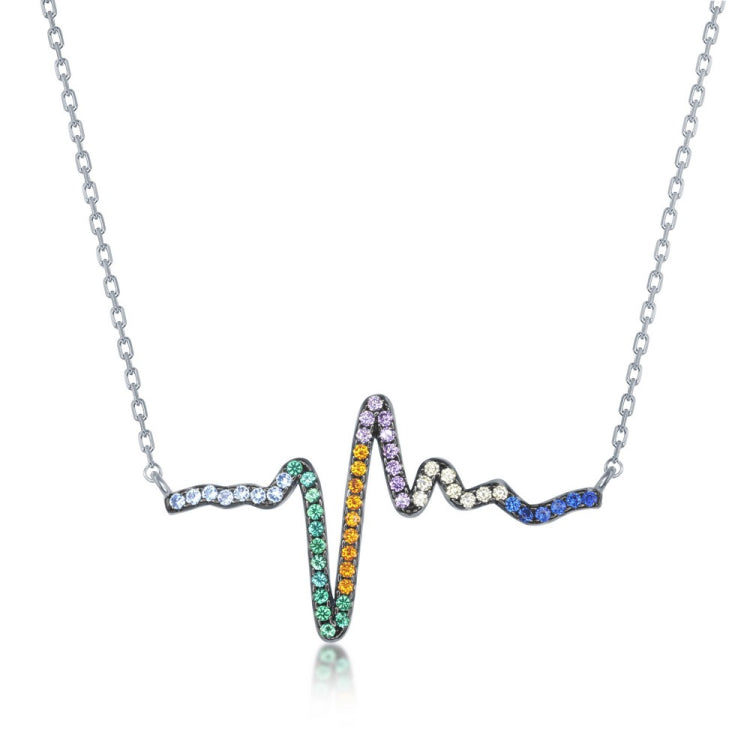 Sterling Silver Rainbow CZ Heartbeat Necklace