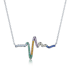 Sterling Silver Rainbow CZ Heartbeat Necklace