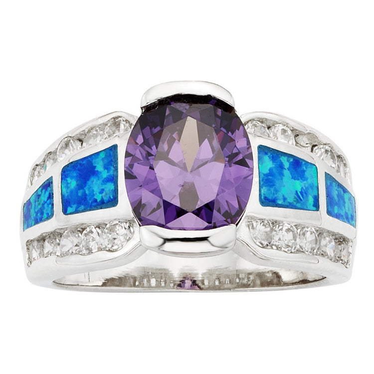 Sterling Silver Cubic Zirconia, Blue Opal with Large Center Amy CZ Ring