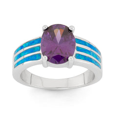 Sterling Silver Triple Row Blue Inlay Opal w/Purple CZ Ring