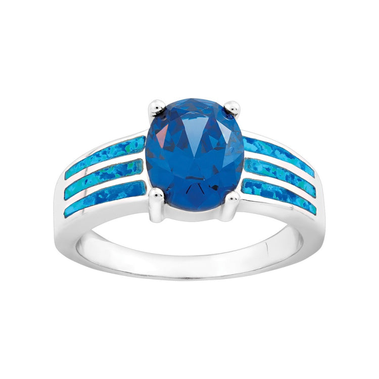 Sterling Silver Triple Row Blue Inlay Opal w/Blue CZ Ring