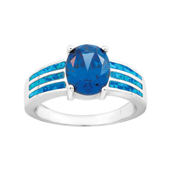 Sterling Silver Triple Row Blue Inlay Opal w/Blue CZ Ring